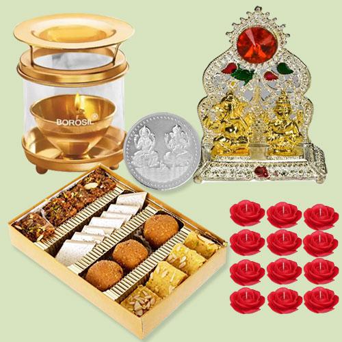 Delicious Diwali Sweets Assortment with Laxmi Ganesh Mandap Akhand Diya Candles n Free Coin