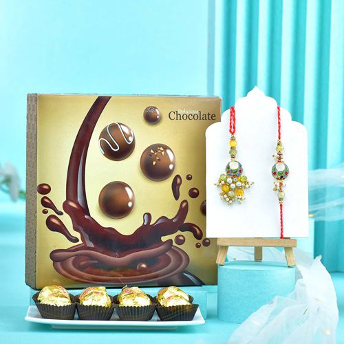 Designer Bhai Bhabhi Rakhi N Choco Treats Set